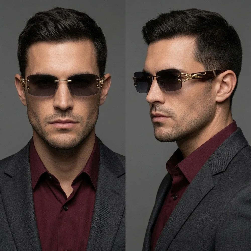 Mens Rimless Rectangle Sunglasses Fashion Hip Hop Style Black Gradient Lens 2026